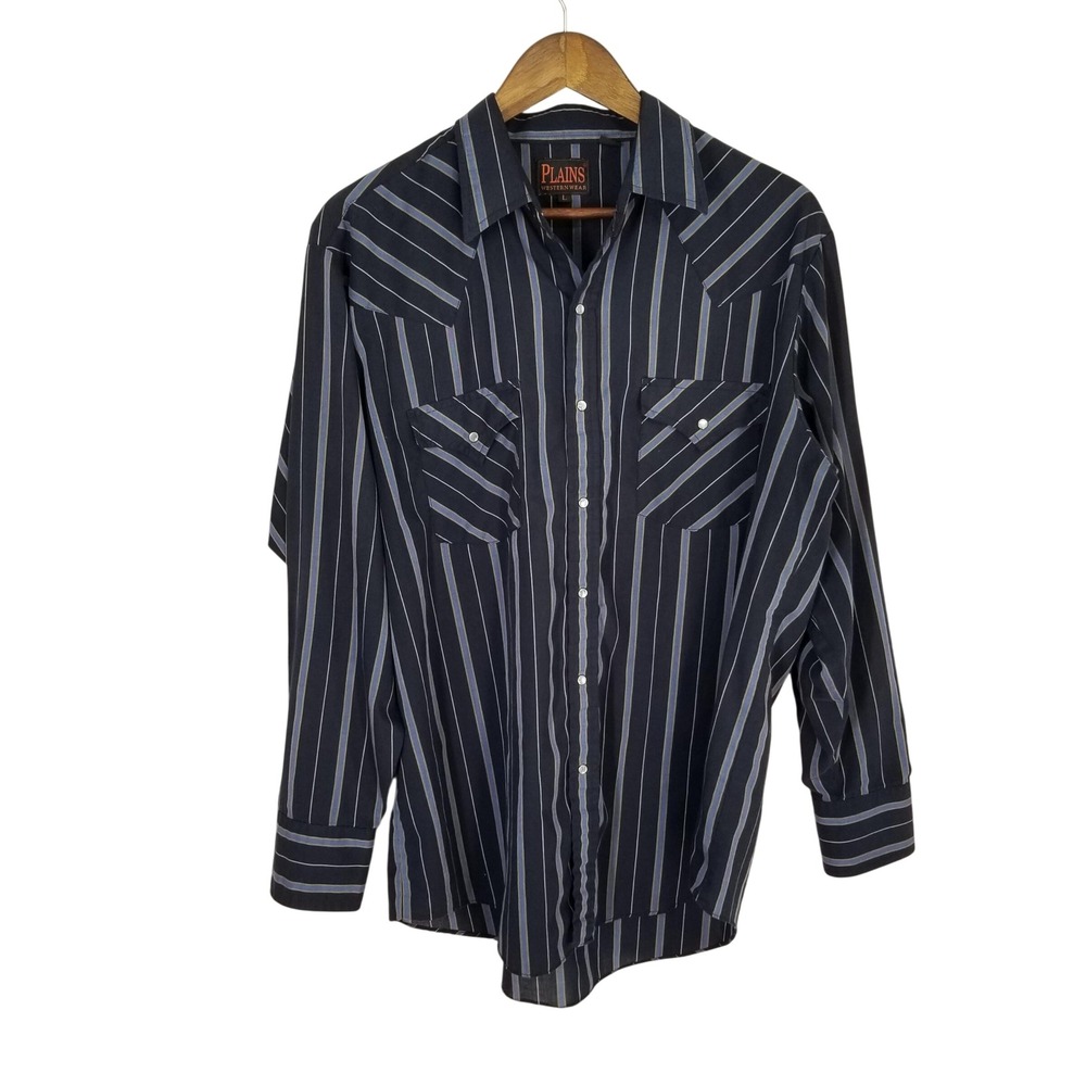Plains Western Wear Mens Large Pearl Snap Shirt Striped Long Sleeve Blue
